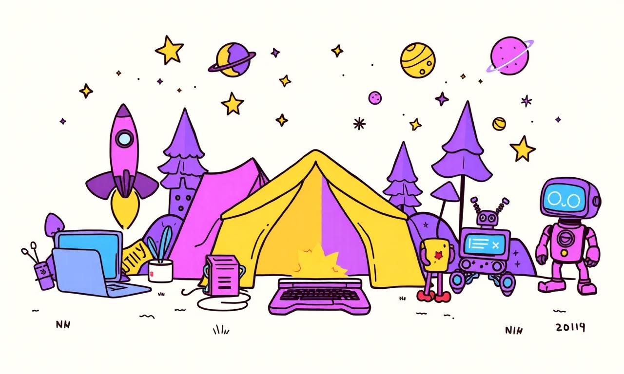 Ilustración de campamento tecnológico con tienda de campaña, robots y cohetes